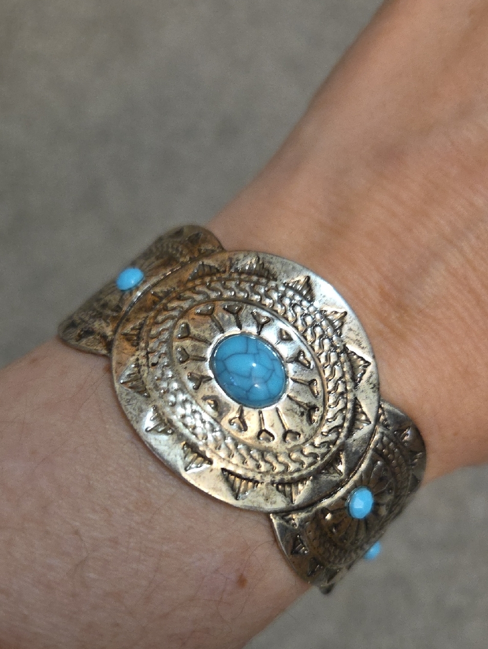 Faux Turquoise Silver-Tone Cuff Bracelet Statement Southwestern Style